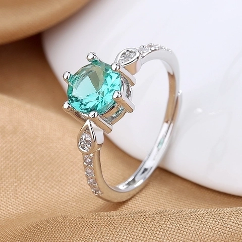 Adjustable Open Ring For Women Copper Lake Blue Round Cubic Zirconia Six Prong Setting Elegant Trendy Hand Jewelry