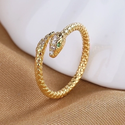 Snake Shape Adjustable Ring Micro Inlaid Green Eyes White Zircon Copper Jewelry Elegant Retro Animal Style For Women