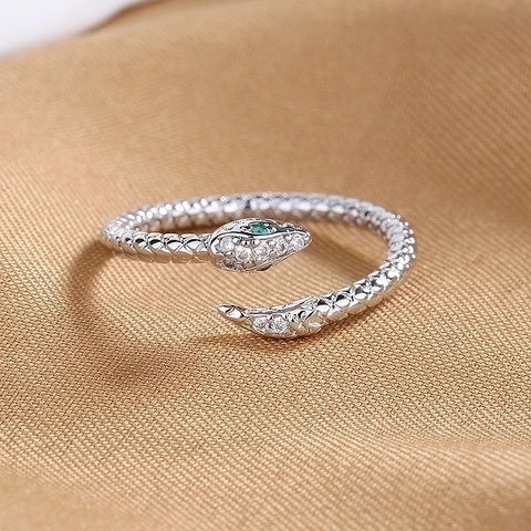 Snake Shape Adjustable Ring Micro Inlaid Green Eyes White Zircon Copper Jewelry Elegant Retro Animal Style For Women