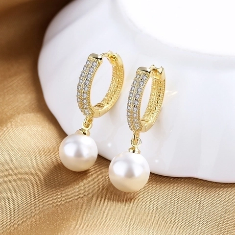 Elegant Shell Artificial Pearl Drop Earrings With Micro Pave Cubic Zirconia Gold Plated Hoop Dangle For Women Fashion Jewelry