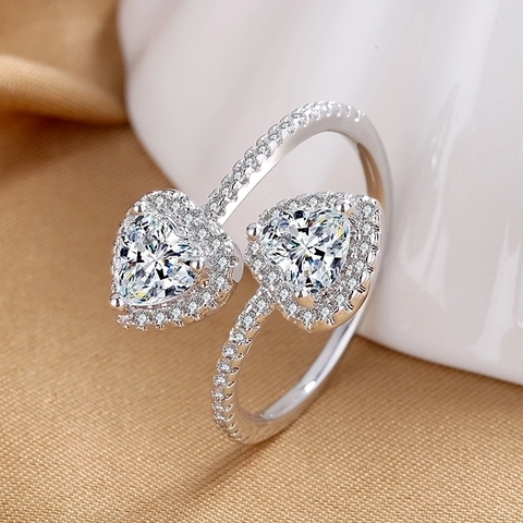 Doppelherz Offener Ring Kupfer Zirkon Eingelegt Verstellbar Elegant Romantisch Modeschmuck Für Damen