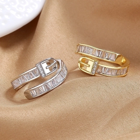 Gürtelschnallen Ring Kupfer Zirkon Eingelegt Verstellbarer Offener Fingerring Eleganter Kreativer Schmuck Für Frauen