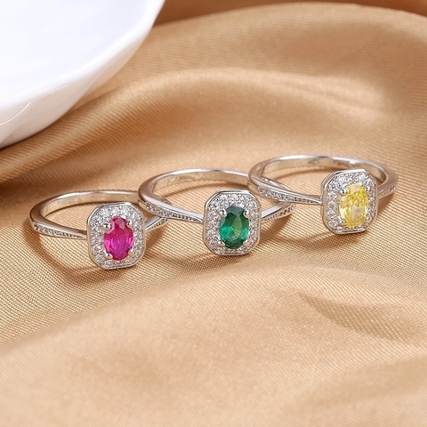 Oval Cut Colorful Zircon Ring Luxury Halo Design Copper Fashion Jewelry For Women Elegant Vintage Style