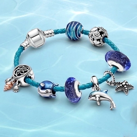 Ocean Series Charm Bracelet Alloy Blue Leather Rope Dolphin Whale Turtle Shell DIY Beads Snake Chain For Women Elegant