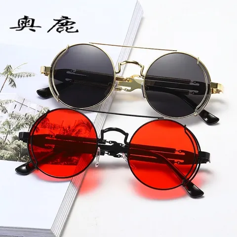 Round Steampunk Sunglasses Retro Metal Frame UV400 Protection Spring Temples Reflective Lens Gothic Industrial Style