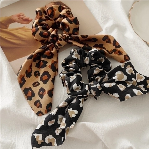 Leopard Print Satin Scrunchie With Long Ribbon Bow Elastic Hair Tie Fashion Headwear For Women Girls