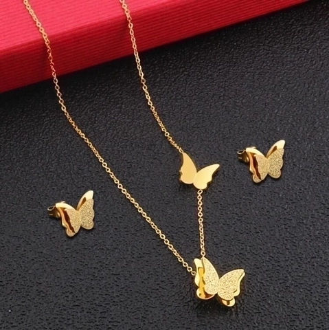 Stainless Steel Butterfly Necklace And Stud Earrings Frosted Double Layer Pendant Elegant Jewelry For Women