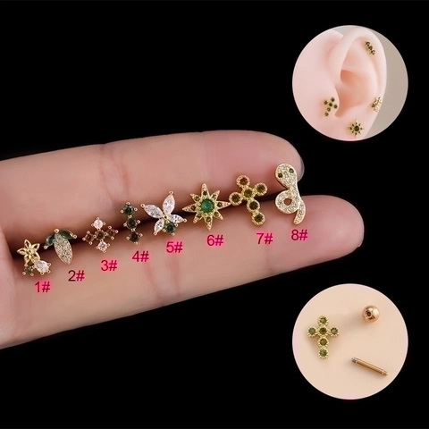 Orecchino Cartilagine Zircone Verde Rame Croce Serpente Fiore Gioielli Piercing Con Chiusura A Vite