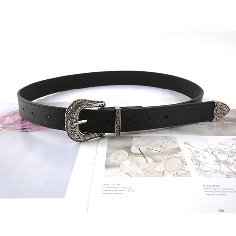 Cintura Western Vintage Donna Pelle PU Fibbia Floreale Intagliata Lega Casuale Moda Accessorio Decorativo