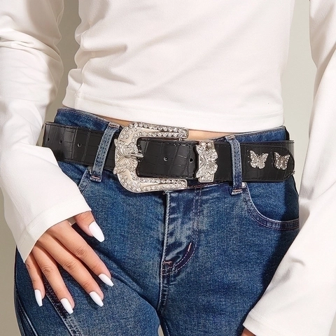 Damen Amerikanisches Vintage Western Gürtel PU Leder Krokodil Muster Mit Schmetterling Strass Schnalle Dekorativer Gürtel Schwarz