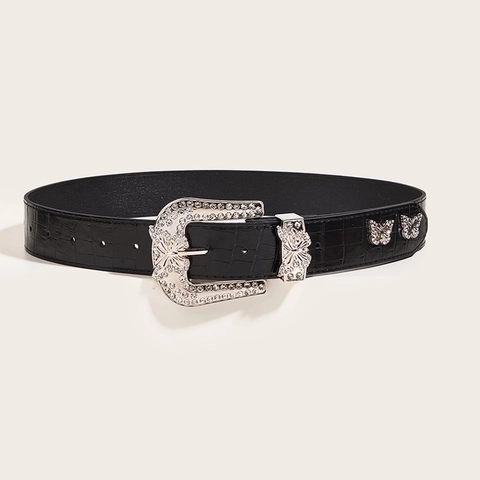 Damen Amerikanisches Vintage Western Gürtel PU Leder Krokodil Muster Mit Schmetterling Strass Schnalle Dekorativer Gürtel Schwarz