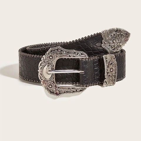 Cintura da Donna Retrò Americana in Pelle PU Nera Trama Coccodrillo Fibbia Intagliata Stile Western Cintura per Abito