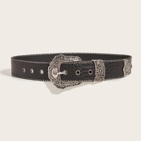 Cintura da Donna Retrò Americana in Pelle PU Nera Trama Coccodrillo Fibbia Intagliata Stile Western Cintura per Abito