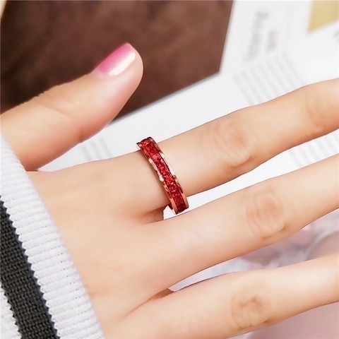 Anillo De Eternidad De Circonita Colorida Acero De Titanio Piedra Cuadrada Engaste Canal Joyería De Moda Chapada En Oro Rosa Para Mujeres