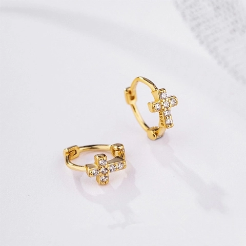 Orecchini a Cerchio con Croce in Argento Sterling S925 Squisiti Orecchini Huggie con Strass Gioielli da Donna alla Moda Coreana