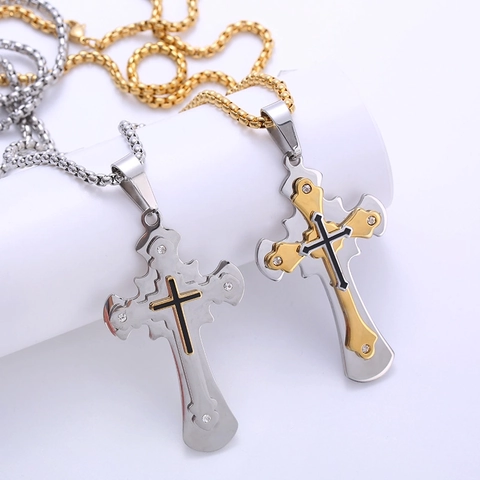 Retro Gelaagde Kruis Hanger Ketting 316L Roestvrij Staal Strass Hip Hop Mode Religieuze Sieraden Voor Mannen Vrouwen