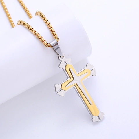 Collar Con Colgante De Cruz Acero Inoxidable 316L Doble Capa Pulido Joyería Religiosa Simple Para Hombres Mujeres