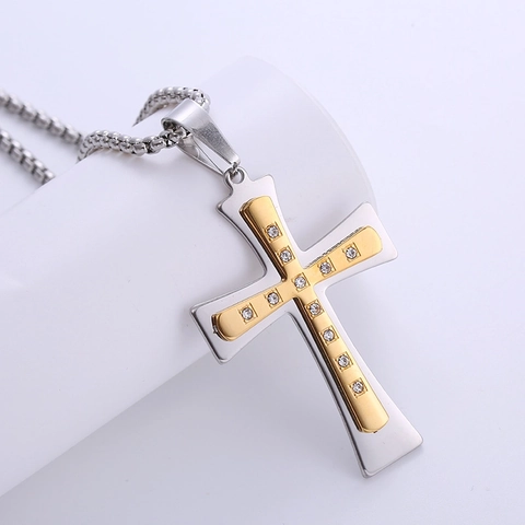 Kruis Hanger Ketting 316L Roestvrij Staal Tweekleurig Goud Zilver Strass Inleg Religieuze Sieraden Voor Heren Dames