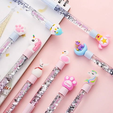 Cute Cartoon Gel Pen Quicksand Glitter Liquid Topper Rollerball For Students Girls Stationery School Office Kawaii Style