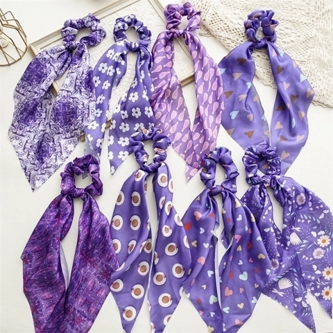 Scrunchie Sciarpa Di Raso Stampa Floreale Cuore Grande Elastico Per Capelli Con Nastro Lungo Accessori Per Donne Ragazze