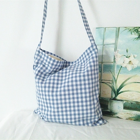 Borsa A Tracolla A Quadri Gingham Blu Da Donna Borsa Tote In Cotone Lino Tela Grande Capacità Cerniera Artistica