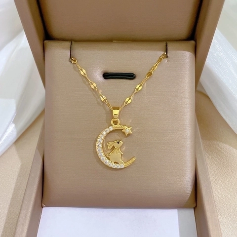 Maan Konijn Hanger Ketting Verguld Roestvrij Stalen Ketting Koper Zirkonia Luxe Sieraden Voor Dames