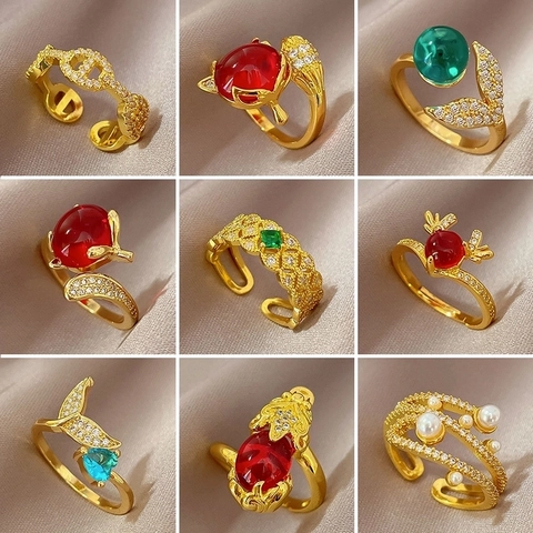 Adjustable Open Rings Brass Gold Plated Cubic Zirconia Faux Artificial Pearl Multi Style Geometric Vintage For Women