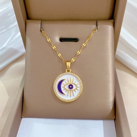 Evil Eye Maan Hanger Ketting Roestvrij Stalen Ketting Koper Rijnsteen Emaille Rond Sieraden Voor Vrouwen Banquet Bruiloft Luxe