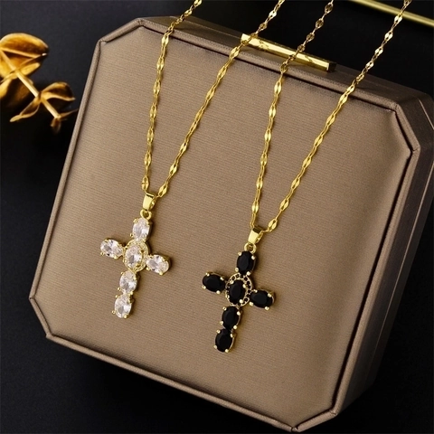 Hip Hop Titaniumstaal Kruis Hanger Halsketting Voor Mannen Vrouwen Verguld Strass Ingelegd Mode Eenvoudige Sieraden Ketting