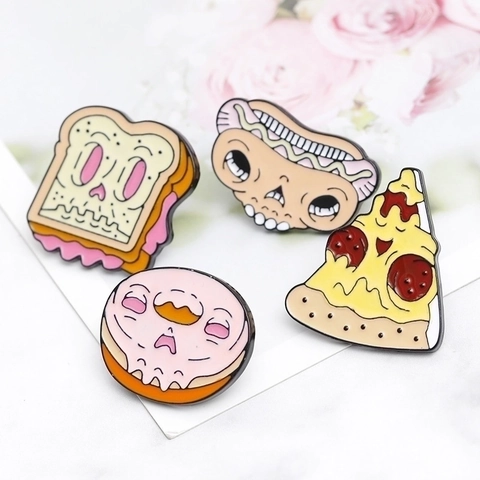 Creative Alloy Enamel Food Brooch Pin Set Vintage Punk Cartoon Skeleton Pizza Hot Dog Donut Toast Backpack Badge For Unisex Jewelry