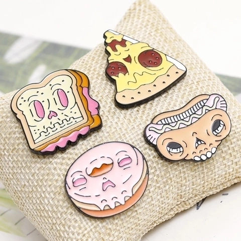 Kreative Legierung Emaille Essen Brosche Anstecknadel Set Vintage Punk Cartoon Skelett Pizza Hot Dog Donut Toast Rucksack Abzeichen Schmuck