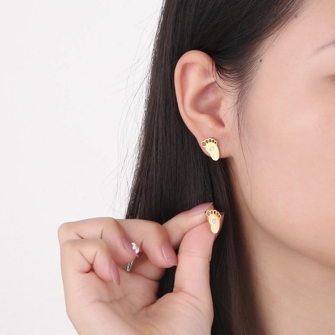Stainless Steel Baby Footprint Stud Earrings With Zircon Cute Minimalist Little Feet Fashion Jewelry For Women