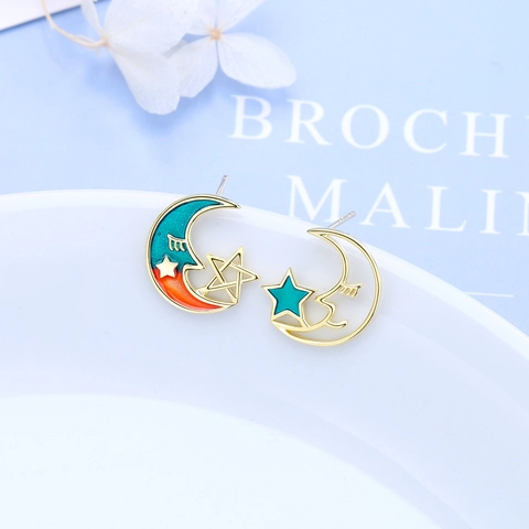 Boucles d'Oreilles Clous Asymétriques Lune Étoile Style Coréen Cuivre Plaqué Or Émail Bijoux Pour Femmes Cadeau