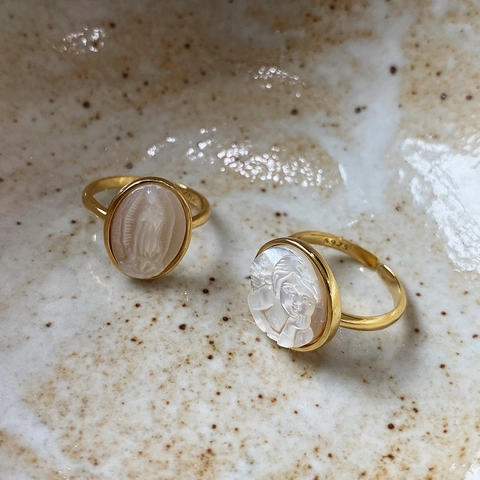 Anillo Camafeo María Ángel Vintage Plata De Ley 925 Bañado En Oro 18k Ajustable Estilo Francés Joyería Concha Mujer