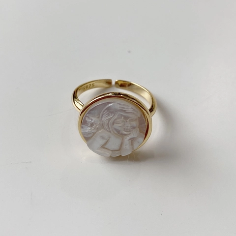 Anillo Camafeo María Ángel Vintage Plata De Ley 925 Bañado En Oro 18k Ajustable Estilo Francés Joyería Concha Mujer