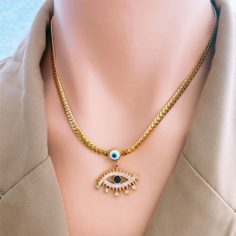 Ensemble de Bijoux en Acier Titane Œil du Diable Plaqué Or Strass Bleu Collier Pendentif Boucles d'Oreilles Bijoux Mode Femme