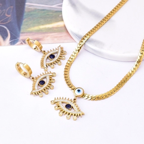 Ensemble de Bijoux en Acier Titane Œil du Diable Plaqué Or Strass Bleu Collier Pendentif Boucles d'Oreilles Bijoux Mode Femme