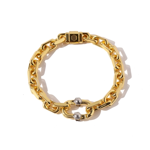 Bracciale a Catena in Rame con Maglie a U Industrial Punk Hip Hop Bicolore Oro Argento Gioielli per Uomo Donna