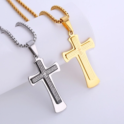 Lords Prayer Cross Pendant Necklace Stainless Steel Engraved Spanish Scripture Religious Retro Jewelry For Men