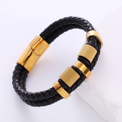 Men Double Layer Woven Leather Bracelet Stainless Steel Magnetic Clasp Vintage Punk Trendy Bangle With Knurled Rings