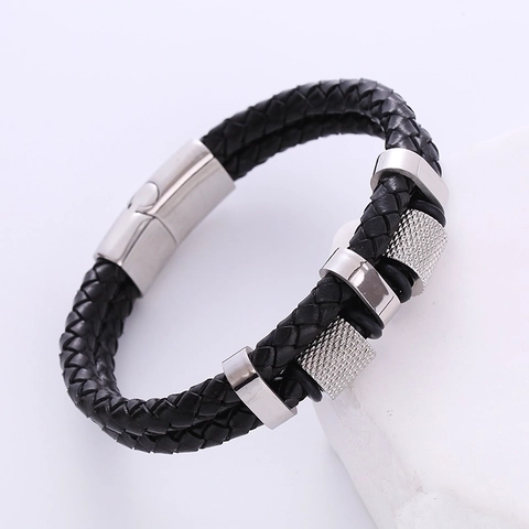 Men Double Layer Woven Leather Bracelet Stainless Steel Magnetic Clasp Vintage Punk Trendy Bangle With Knurled Rings