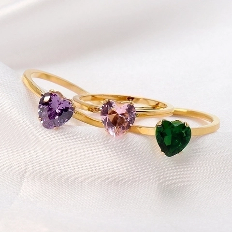 Heart Gemstone Rings Stainless Steel Gold Plated Zircon Minimalist Finger Jewelry For Women Colorful Elegant Style