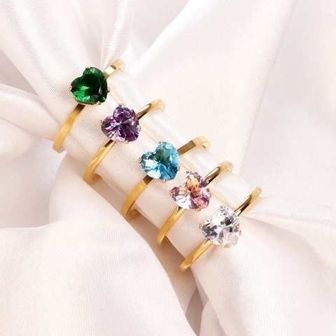 Heart Gemstone Rings Stainless Steel Gold Plated Zircon Minimalist Finger Jewelry For Women Colorful Elegant Style