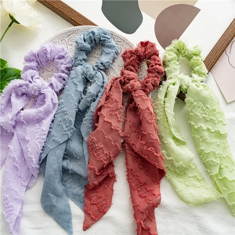 Long Ribbon Scrunchie For Women Textured Chiffon Fabric Elastic Hair Tie Bow Knot Ponytail Holder Fashion Headwear