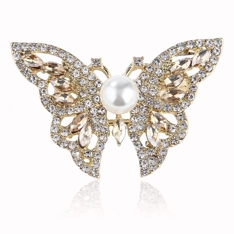 Spilla A Farfalla In Lega Con Strass Luccicanti E Grande Perla Artificial Sintetica Accessorio Elegante Per Abbigliamento