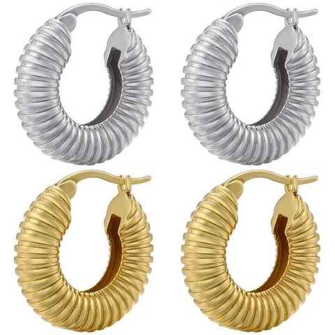 Orecchini A Cerchio Tondi Geometrici Ottone Placcato Oro Testurizzati Con Righe Orizzontali Moda Minimalista Per Donne