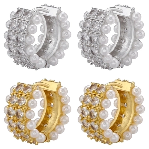Dubbele Rij Faux Kunstparel Zirkoon Huggie Oorbellen Messing 18K Verguld Elegante Luxe Ring Oorbellen Voor Dames