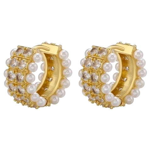 Dubbele Rij Faux Kunstparel Zirkoon Huggie Oorbellen Messing 18K Verguld Elegante Luxe Ring Oorbellen Voor Dames