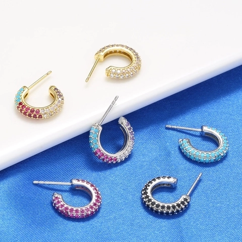 Minimalist C Shaped Hoop Earrings With Pave Zircon Brass Geometric Tiny Ear Studs For Women Silver Earring Post