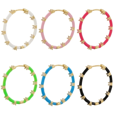 Koperen Emaille Creolen Met Zirconia Kleurrijke Ronde Geometrische Druppel Olie Mode Sieraden Voor Dames